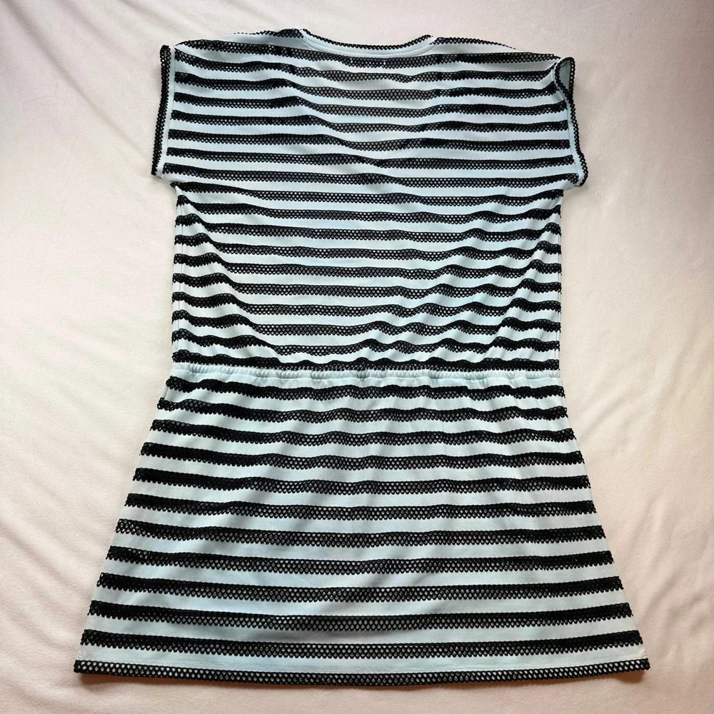Calvin Klein Striped Mesh‎ Swim Cover-Up Dress Blue Black V-Neck Pockets Large